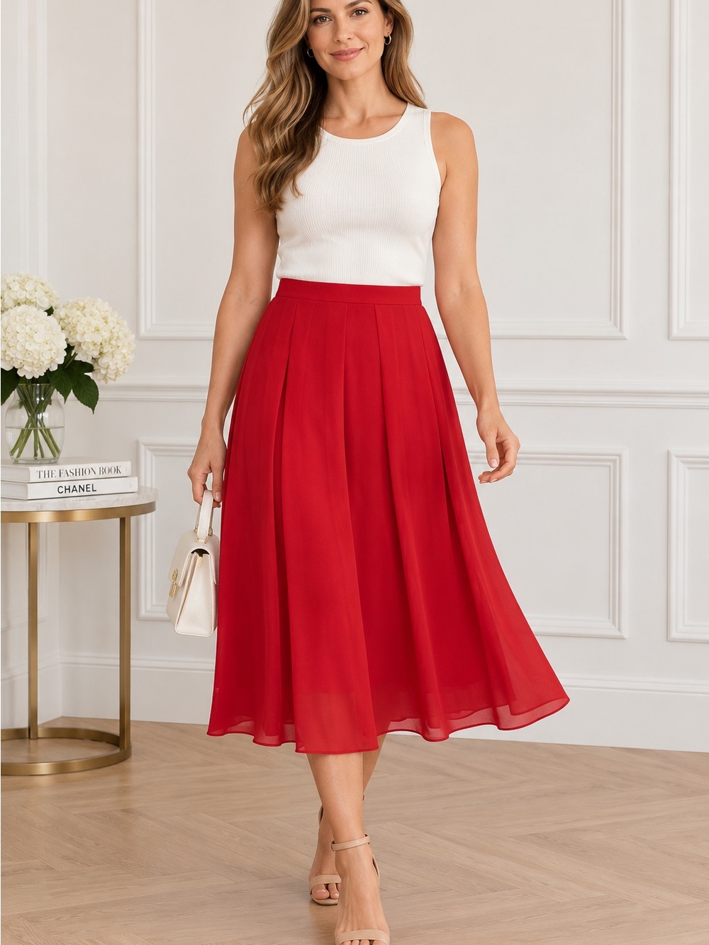 Anne Klein Red Pleated Chiffon Midi Skirt – NWT Size 14